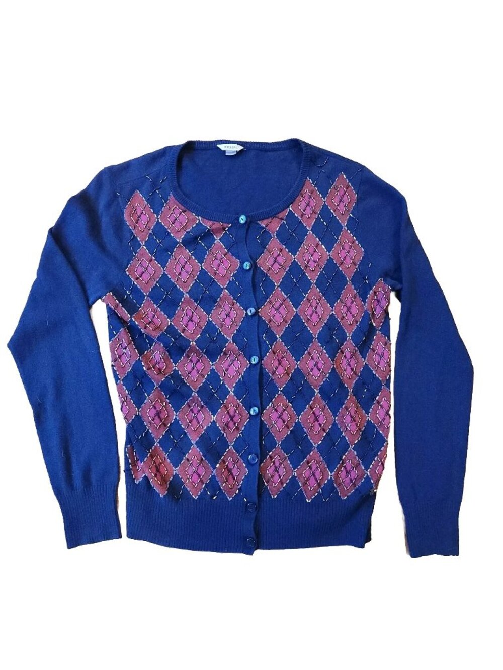Fossil Women’s Button Up Sweater Blue And Red Sz Small